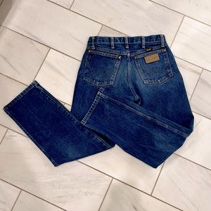 Cowboy cut rigid indigo broken in Wranglers, 29x30